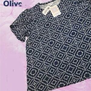 Lularoe Olive Tee Navy and White Geometric Pattern Plus Size Top shirt 3XL